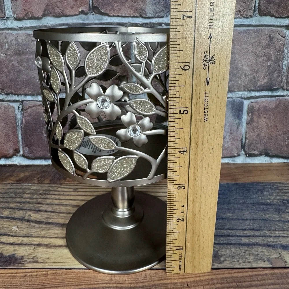 Bath Body Works White Barn Rhinestone Flower Metal 3-wick Candle Holder Pedestal - Picture 3 of 6